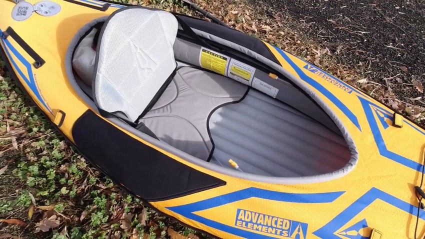 An open cockpit with a contoured high-back seat of the Advanced Elements AdvancedFrame Sport kayak