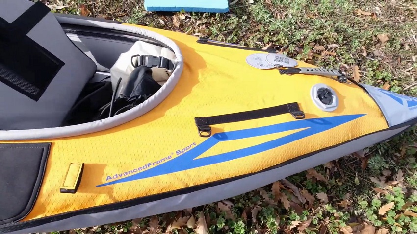 A back carrying handle and a back aluminum rib frame of the Advanced Elements AdvancedFrame Sport kayak