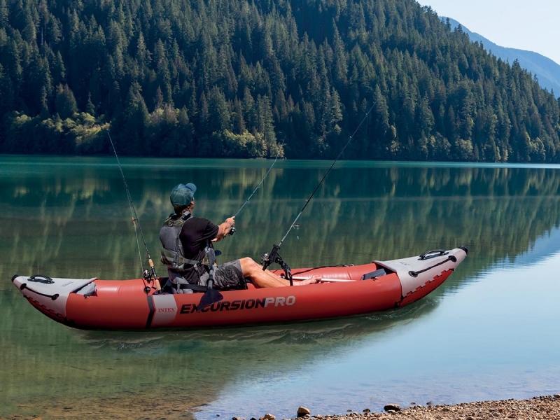 A man fishing out of the Intex Excursion Pro inflatable kayak