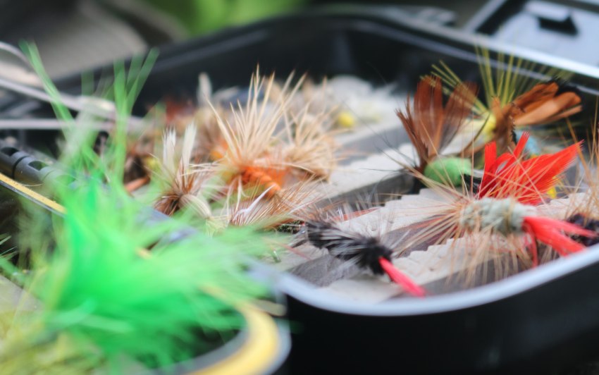 A tackle box with various fishing flies