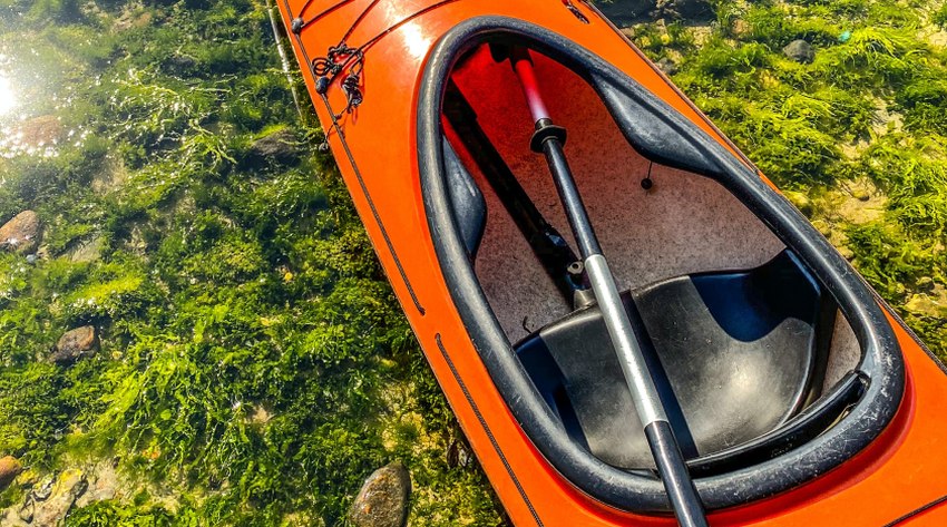An orange kayak with a paddle inside an empty cockpit on the shallow water 