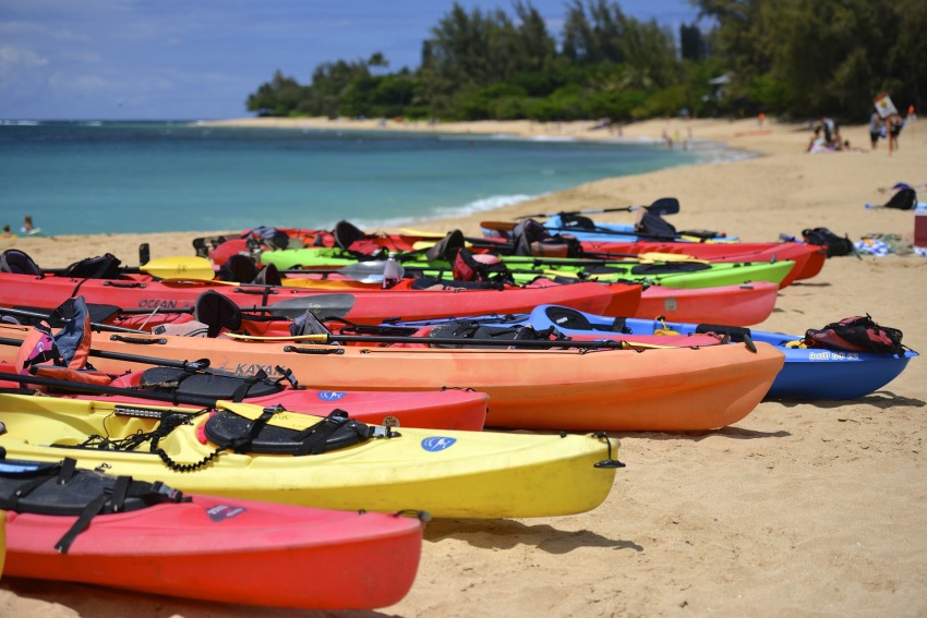 Multiple kayaks of various colors parked on the sunny beach