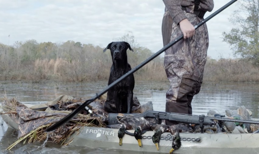 A man with a rifle and a paddle stands on his hunting kayak. His black dog sits behind.