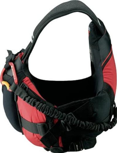 A red and black life jacket with a rescue harness