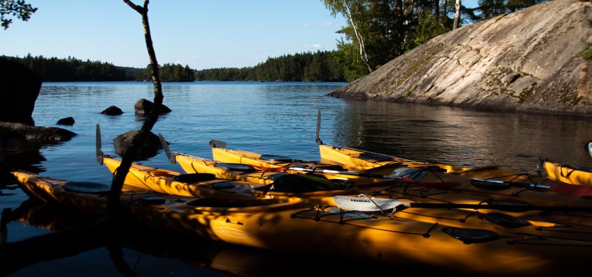 Several yellow kayaks lie on the shore in a picturesque bay