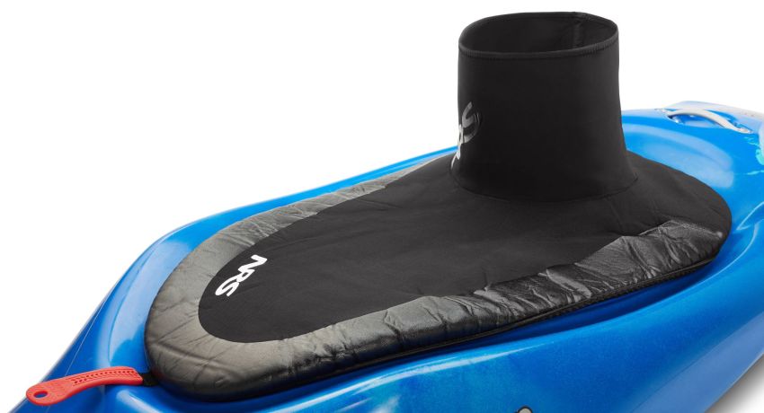 A black spray skirt on a blue kayak's cockpit