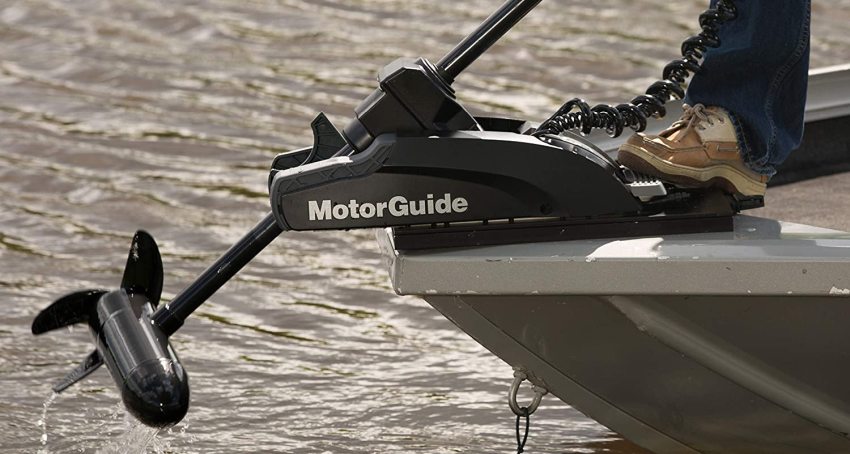 Black MotorGuide trolling motor on the vessel's bow