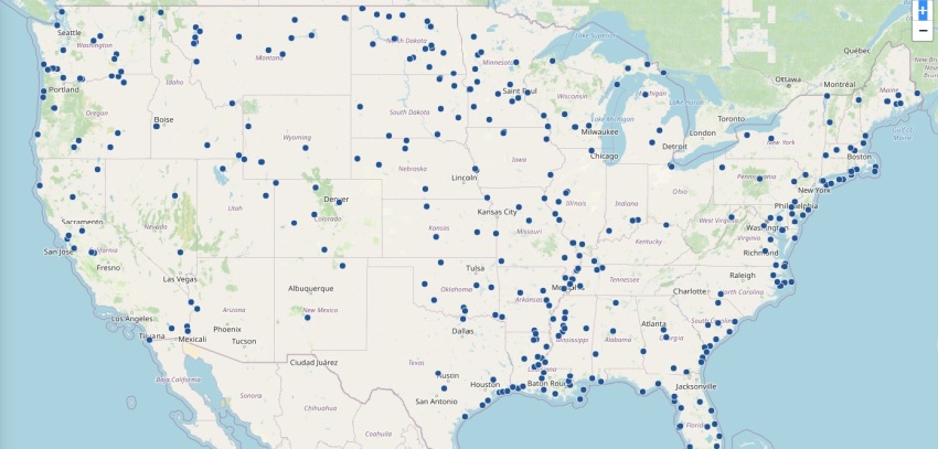 An interactive map of the USA with multiple fishing spots