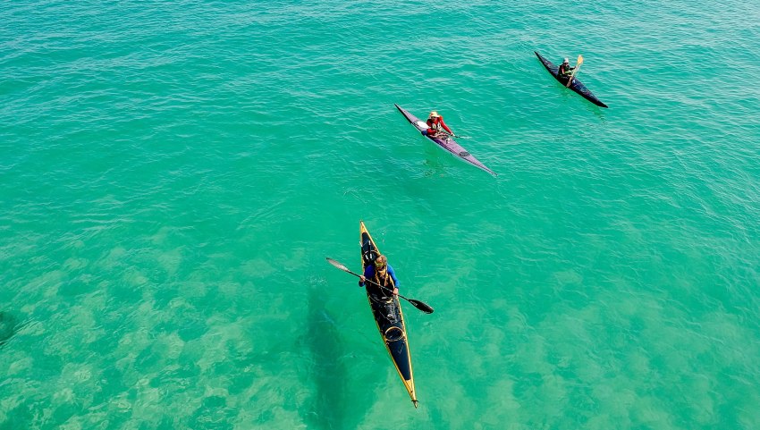 Three people paddle their touring kayaks on the ocean green water