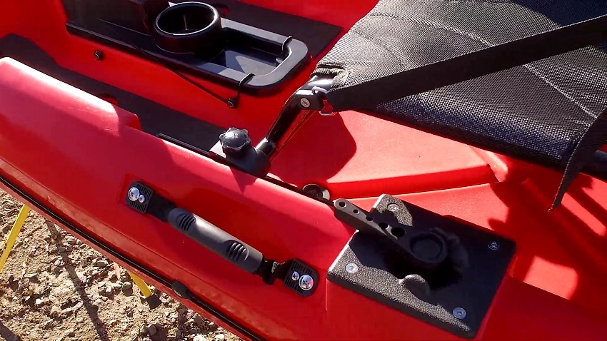 A paddle park system and a metal-framed, mesh seat on the BKC PK12 Pedal kayak