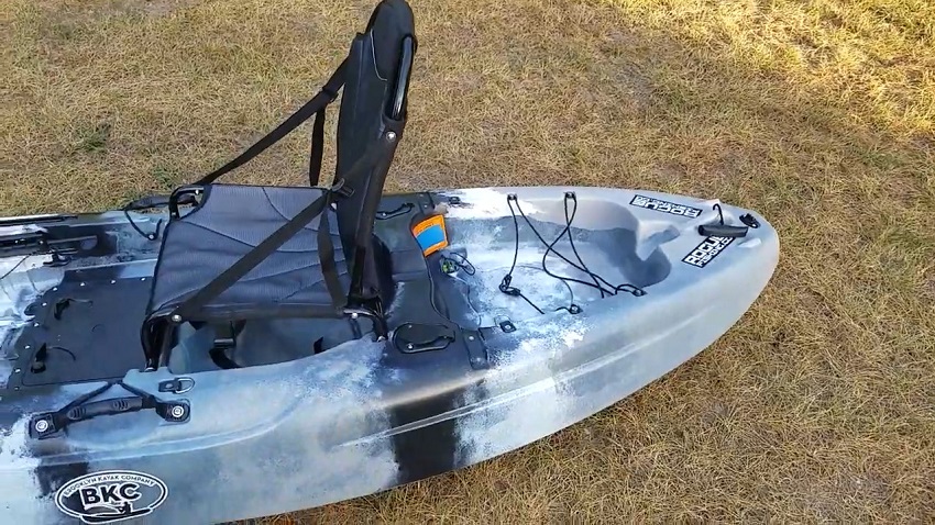 A seat and a rectangular, waterproof storage hatch with an included dry bag of the BKC FK285 kayak
