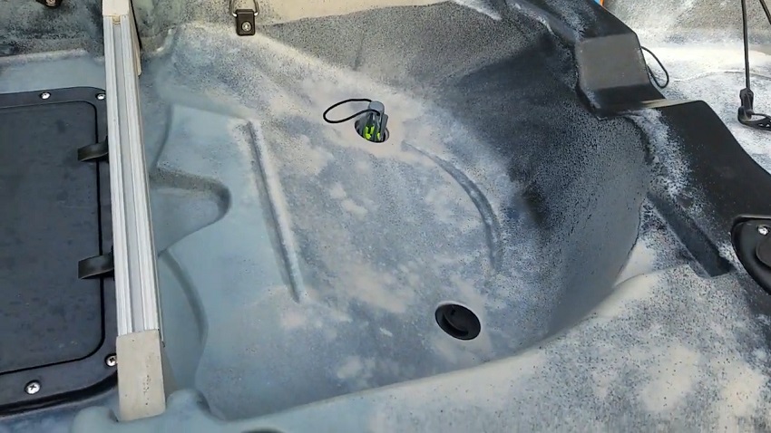 Two scupper holes underneath the seat in the BKC FK285 kayak