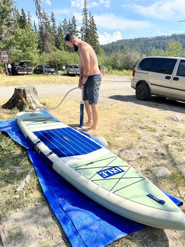 Author inflates the Isle Switch 2 in 1 Inflatable Kayak & Paddle Board