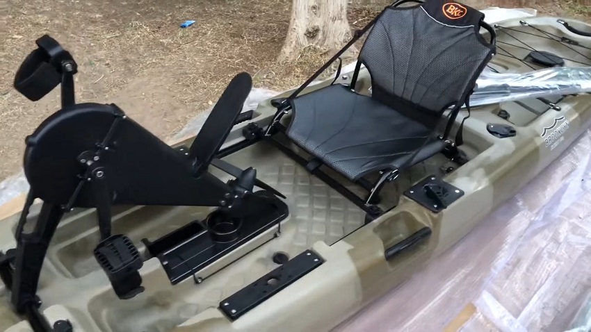 The metal-framed, mesh seat of the BKC PK13 kayak