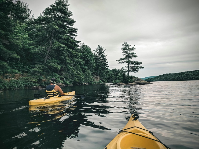 Two people paddle their yellow kayaks coastwise