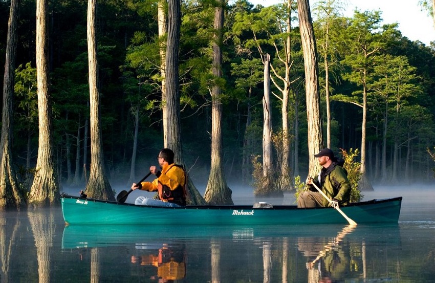 Two men paddle a green canoe on the Lake Juniper