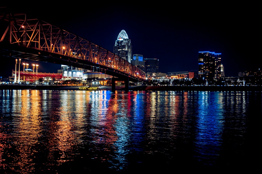 Ohio River and bridge at night