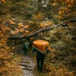 A man portages his canoe in the autumn forest
