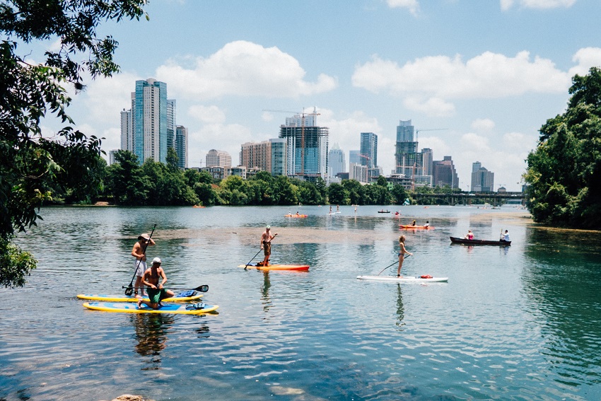 Downtown view over the water from Lou Neff point of Lady Bird Lake Paddling Trail, Texas