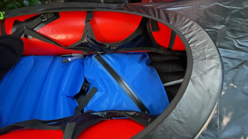 Accessories bag inside the cockpit of Alpacka Valkyrie kayak
