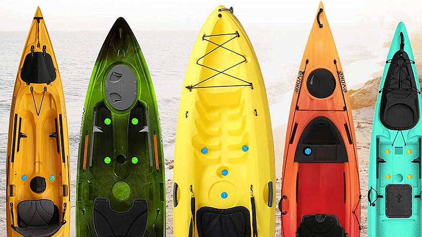 Five plastic kayaks of different colors with multiple scupper plugs in their hulls