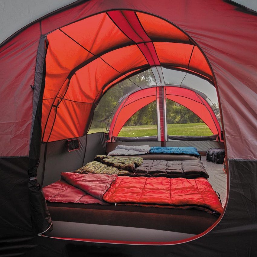 Three sleeping bags inside the Ozark Trail 10-Person Tunnel Tent