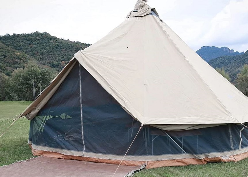 KingCamp Khan Canvas Tent with unzipped doors and walls