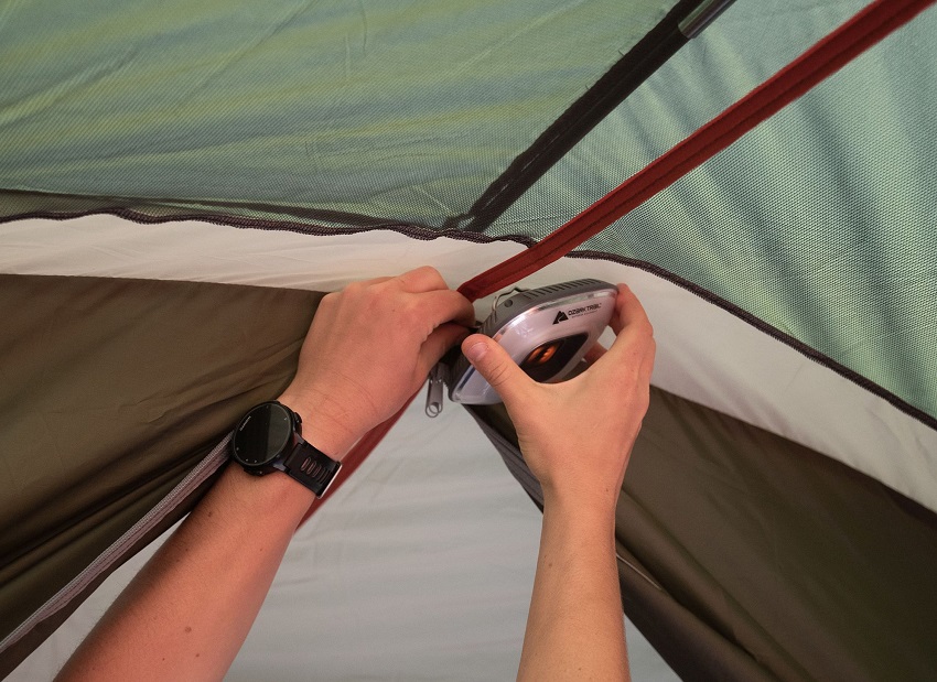 A hanging lantern loop on the Ozark Trail 8-Person Dome Tunnel tent's ceiling.