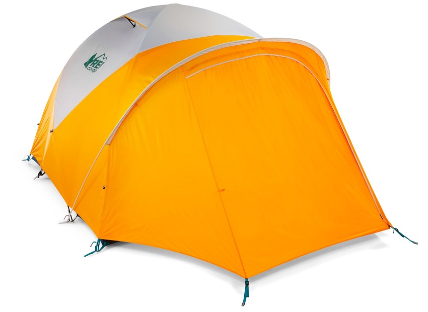 Orange rainfly on the REI Base Camp 6 tent