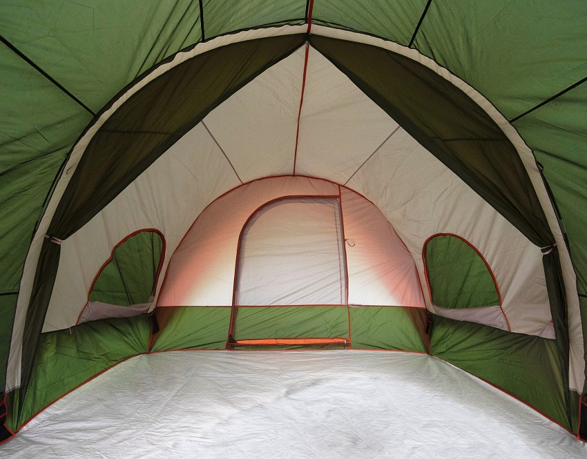 Doors and vestibule of the Ozark Trail 8-Person Dome Tunnel Tent, with Maximum Weather Protection