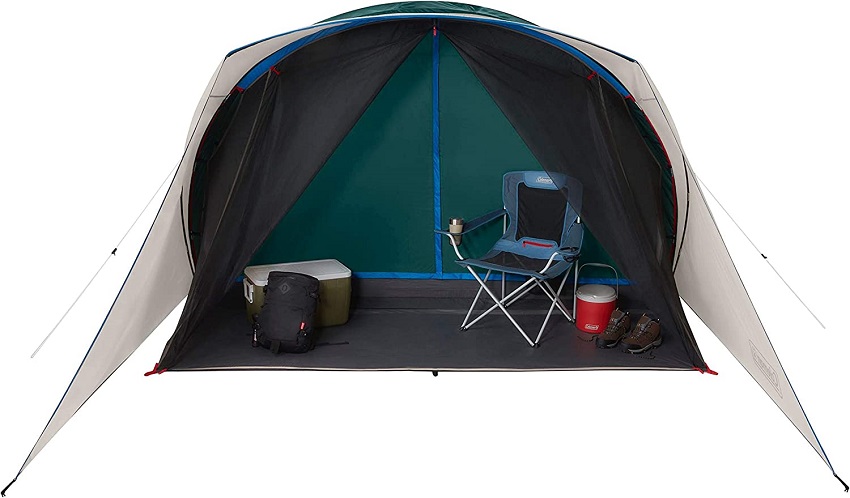 Touristic gear inside the Coleman 6-Person Cabin Tent's screened porch
