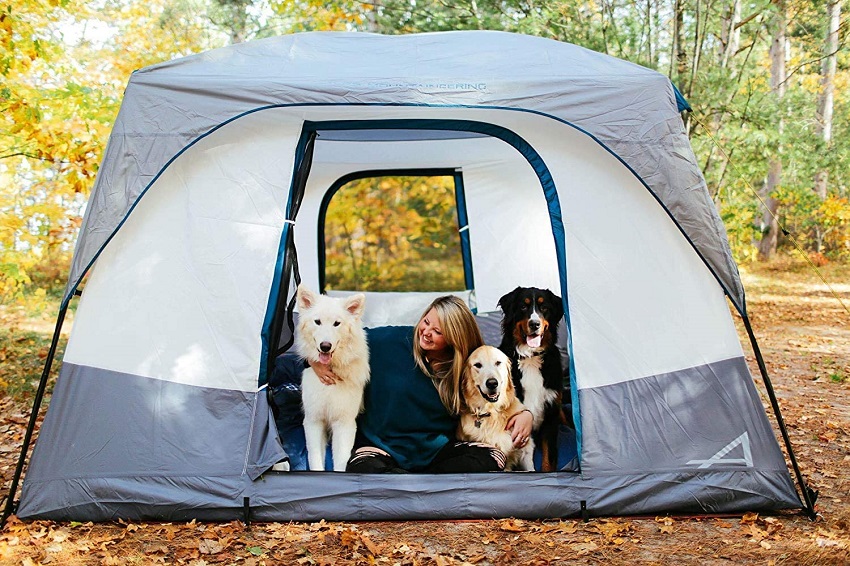 A woman and her three dogs sit inside the ALPS Mountaineering Camp Creek 6-Person Tent, pitched outdoors