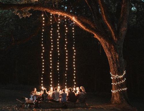 A group of people sits around the table under the fairy lights hanging from a tree