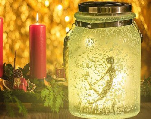 A glass jar with a light inside