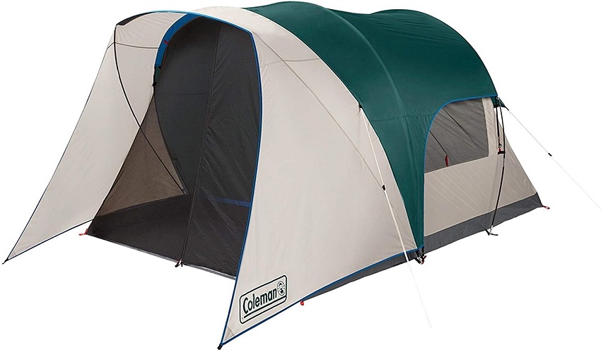 A white and green cabin tent