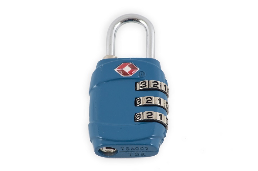 A blue metal combination lock