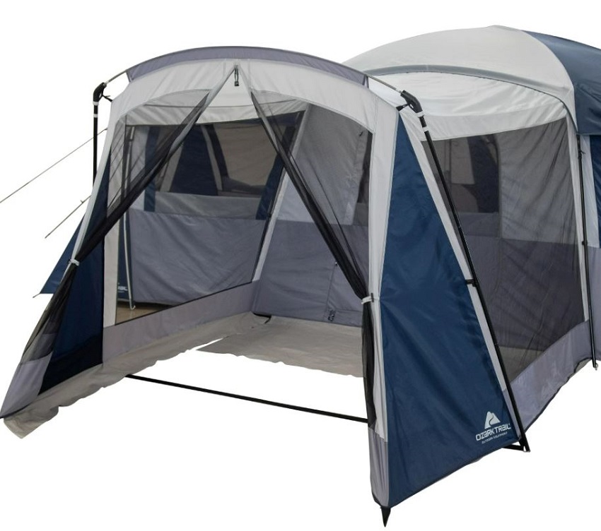 Primary entrance of the Ozark Trail Hazel Creek 20-Person Star Tent with Screen Room