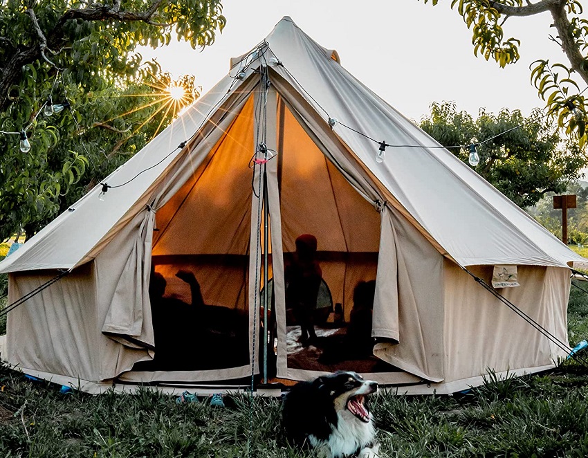 A dog sits in front of the White Duck Regatta Canvas Bell Tent