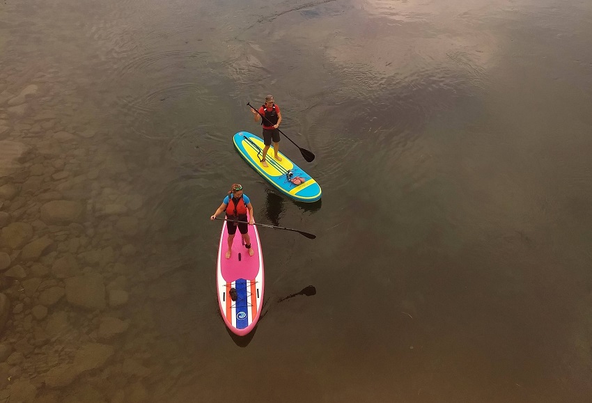 A man and a woman paddle their SUPs on a lake