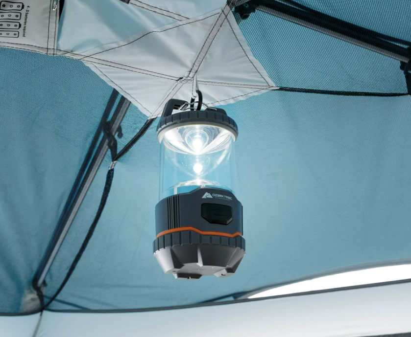 A lantern on a loop inside the Ozark Trail 6-Person Instant Cabin Tent