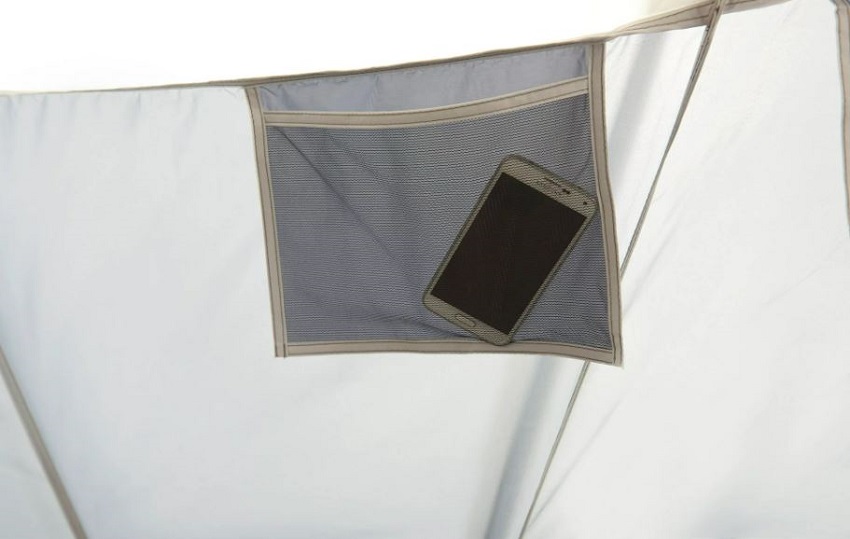 A wall pocket inside the Ozark Trail 20-Person Cabin Tent with 3 Separate Entrances