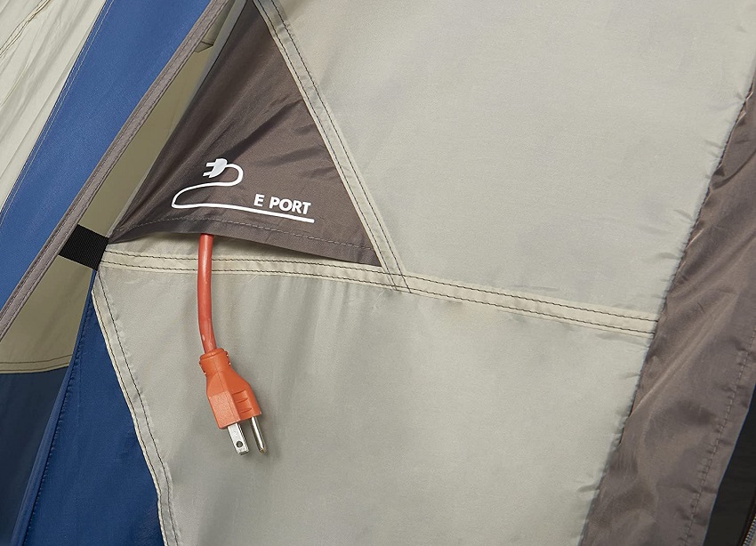 An E-port outside the Wenzel Pinyon 10 Person Dome Tent