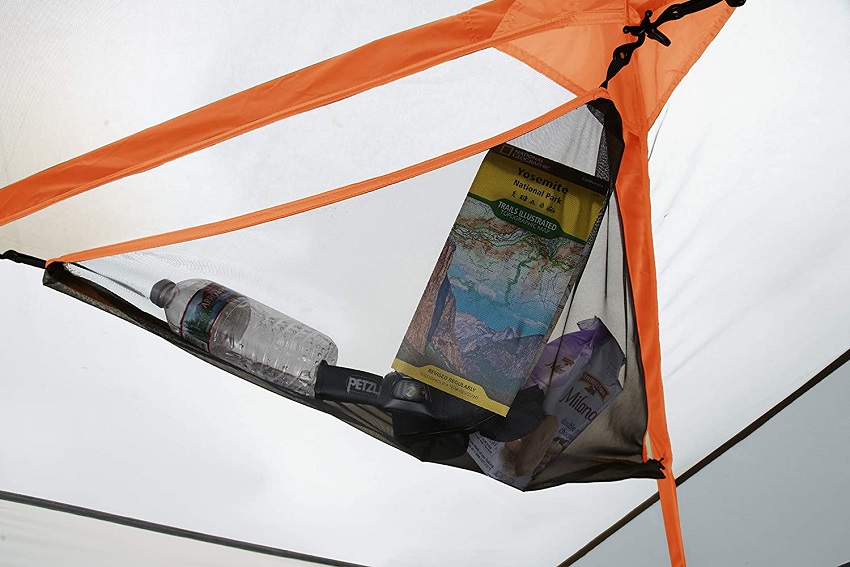 A gear hammock inside the Eureka Copper Canyon LX 6 Person Tent
