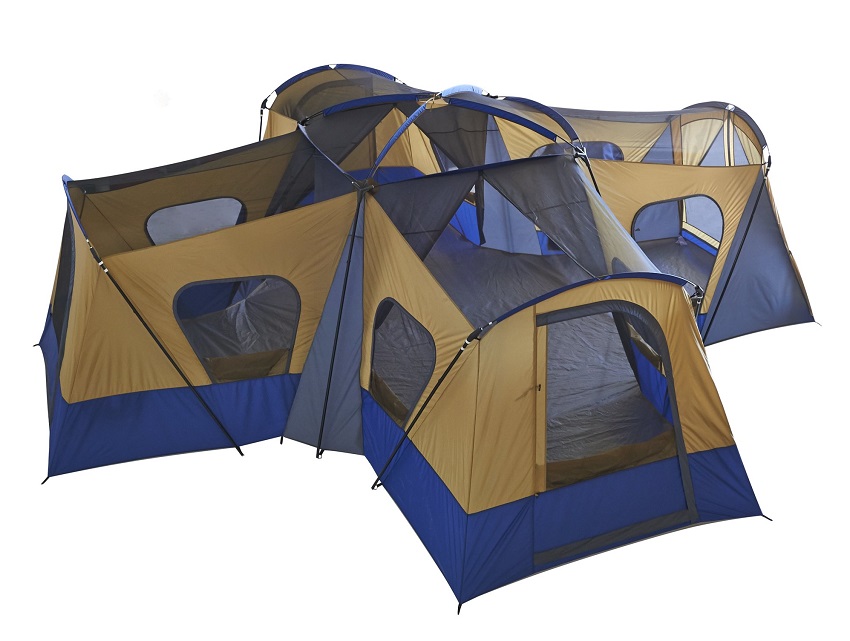 Four doors, twelve mesh windows, and a removable roof rainfly of the Ozark Trail Base Camp 14-Person Cabin Tent