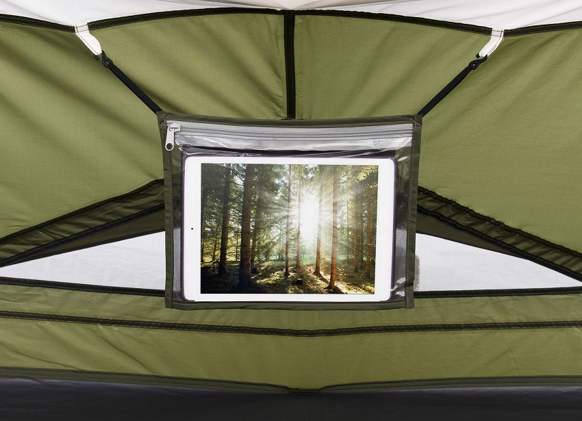 A hanging media pocket inside the Ozark Trail Hazel Creek 8-Person Lodge tent