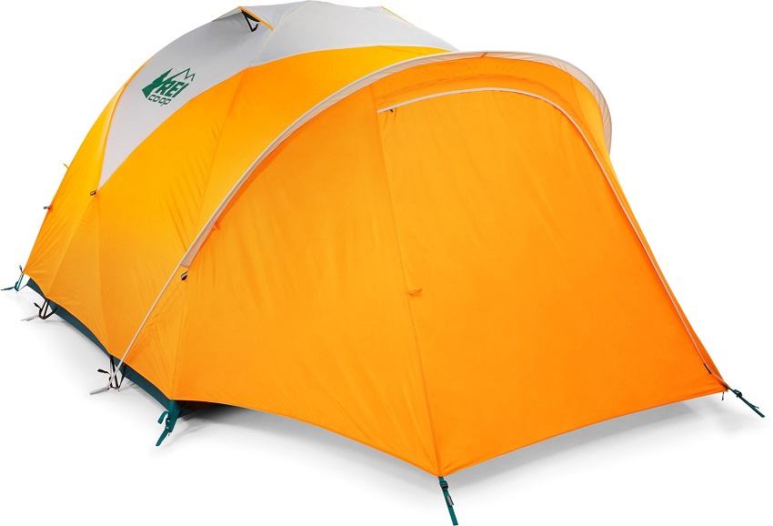 REI Co-op Base Camp 4 Tent with a yellow rainfly