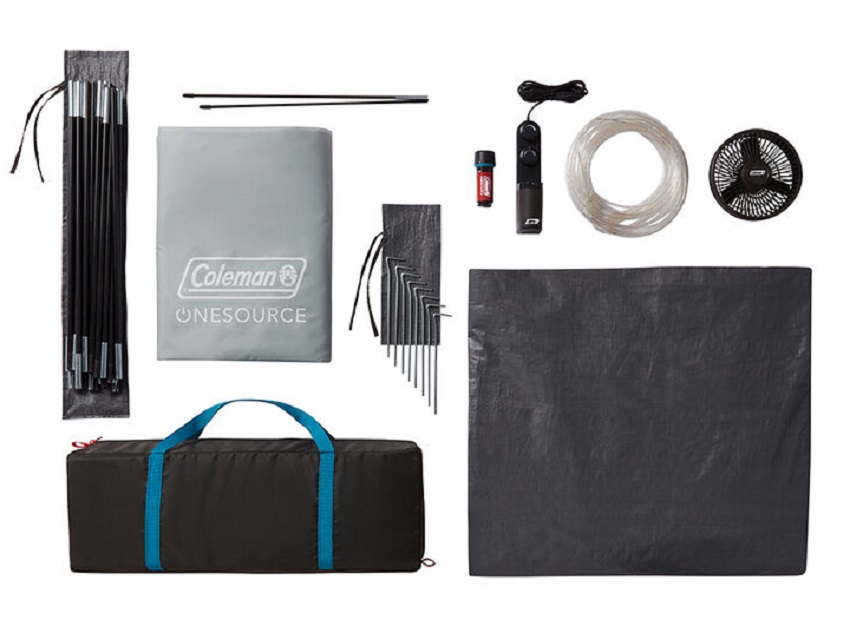 Components of the Coleman OneSource Rechargeable 4-Person Camping Dome Tent with Airflow System and LED Lighting