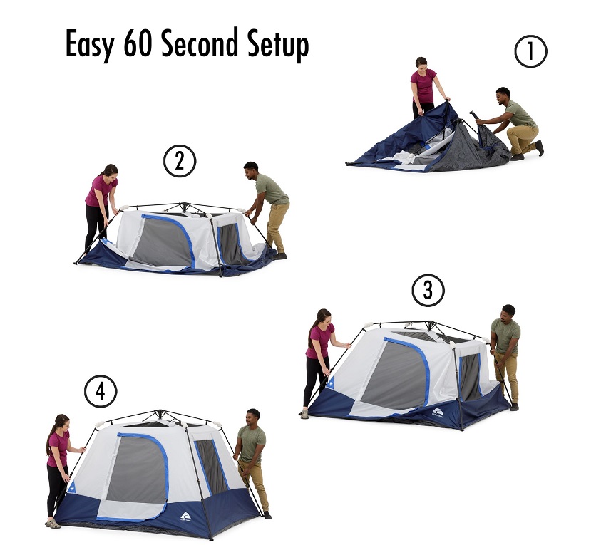Set-up scheme for the Ozark Trail 4-Person Instant Cabin Tent with LED Lighted Hub