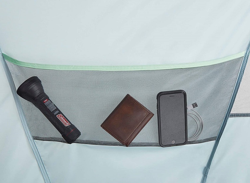 A gear pocket of the Coleman Skydome 10-Person XL Tent