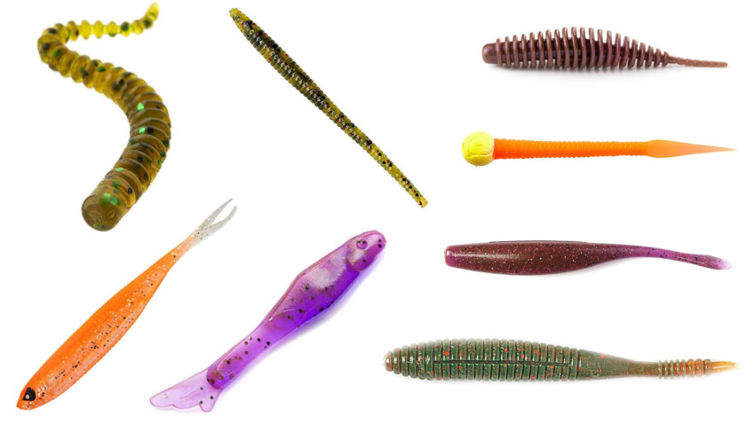 Soft fishing baits of different forms and colors